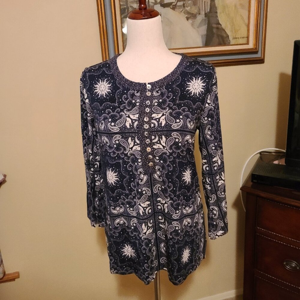 NWT Johnny Was Runa Jersey knit tunic top, button front henley S